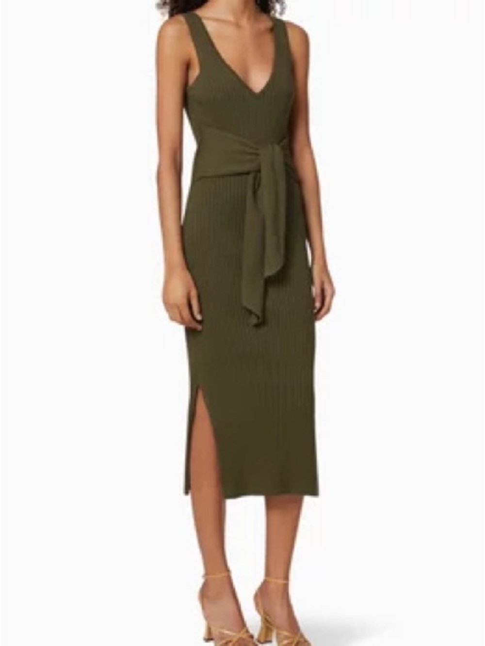Good American Olive Green Ribbed Tie-Waist Midi Dress